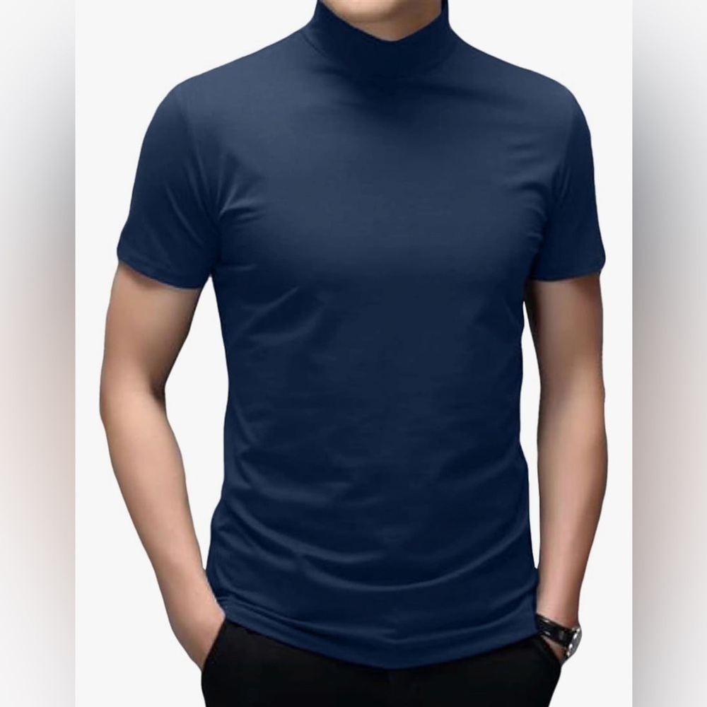Mens T Shirt Short Sleeve Basic Mock/Turtleneck Slim Fit Undershirt Navy